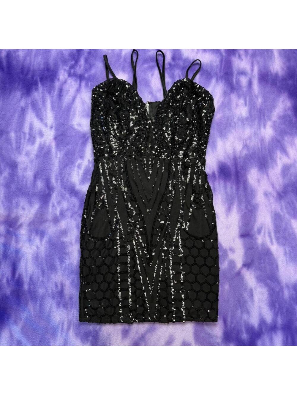 Fashion Nova black sequin bodycon dress with multi straps